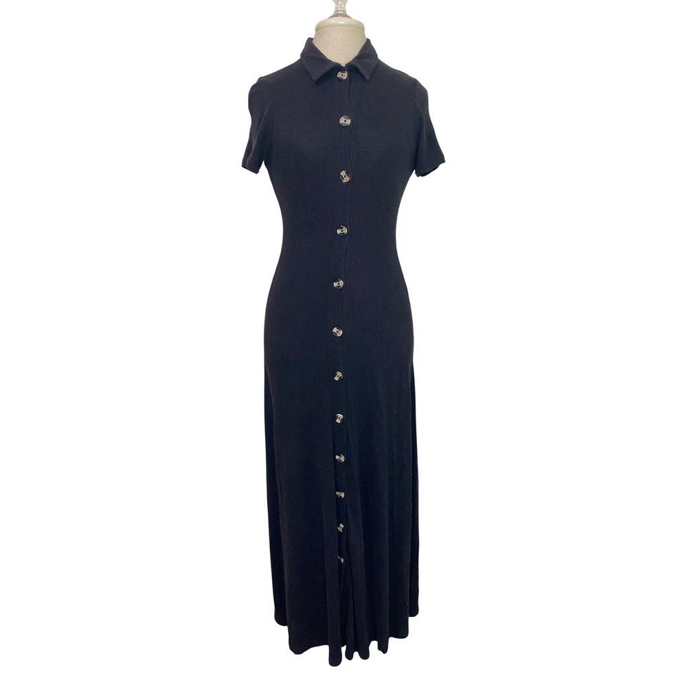 ASOS DESIGN Classic Black Linen Blend Button Front Short Sleeve Maxi Dress US 6